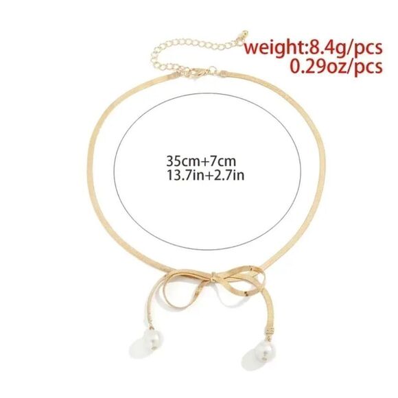 Bohemian Bow Choker Pearl Pendant Necklace on Gold or Silver Plated Tone - Picture 9 of 13